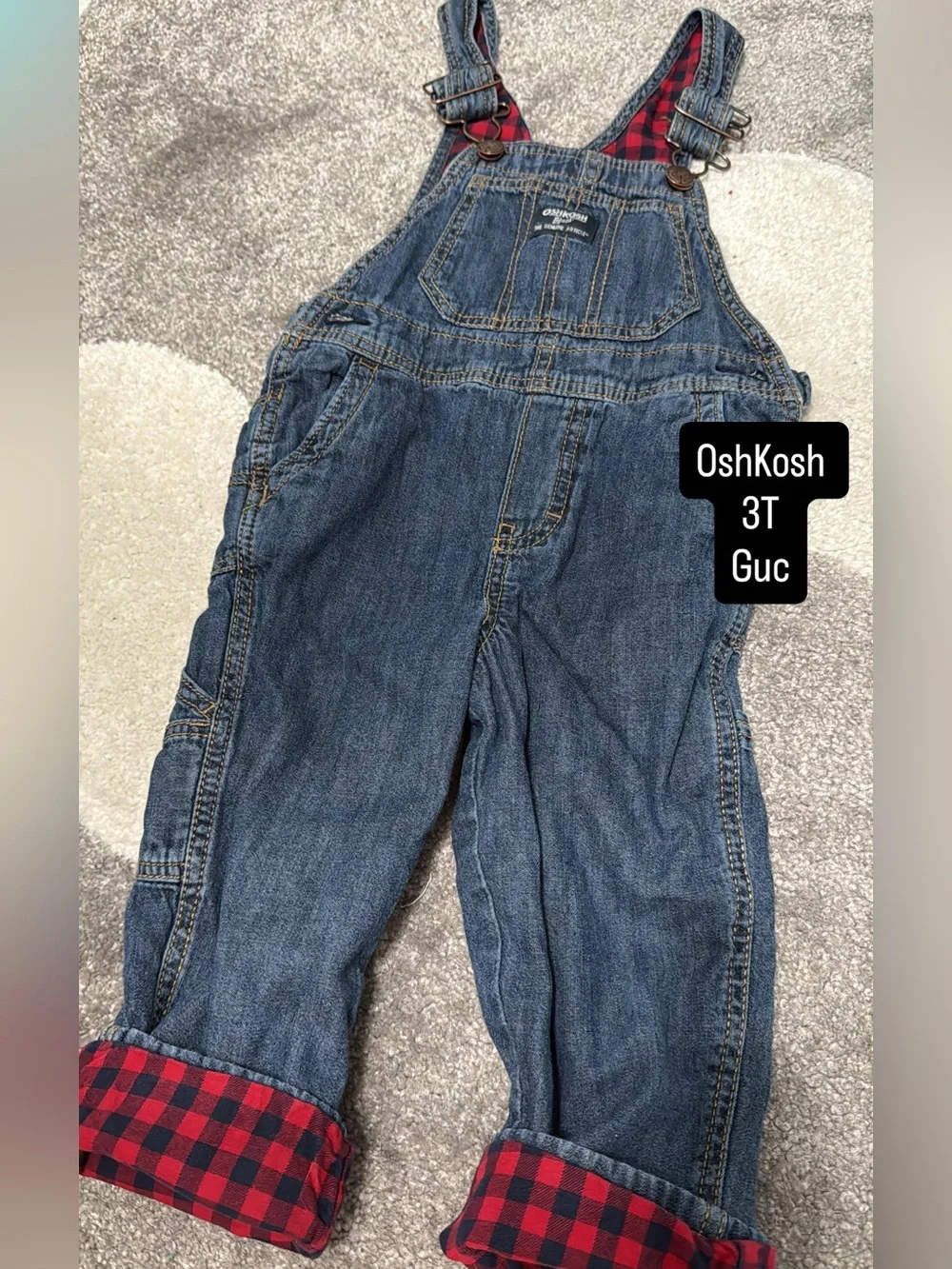 OshKosh B'gosh Denim Blue Overalls with Red Plaid Cuffs